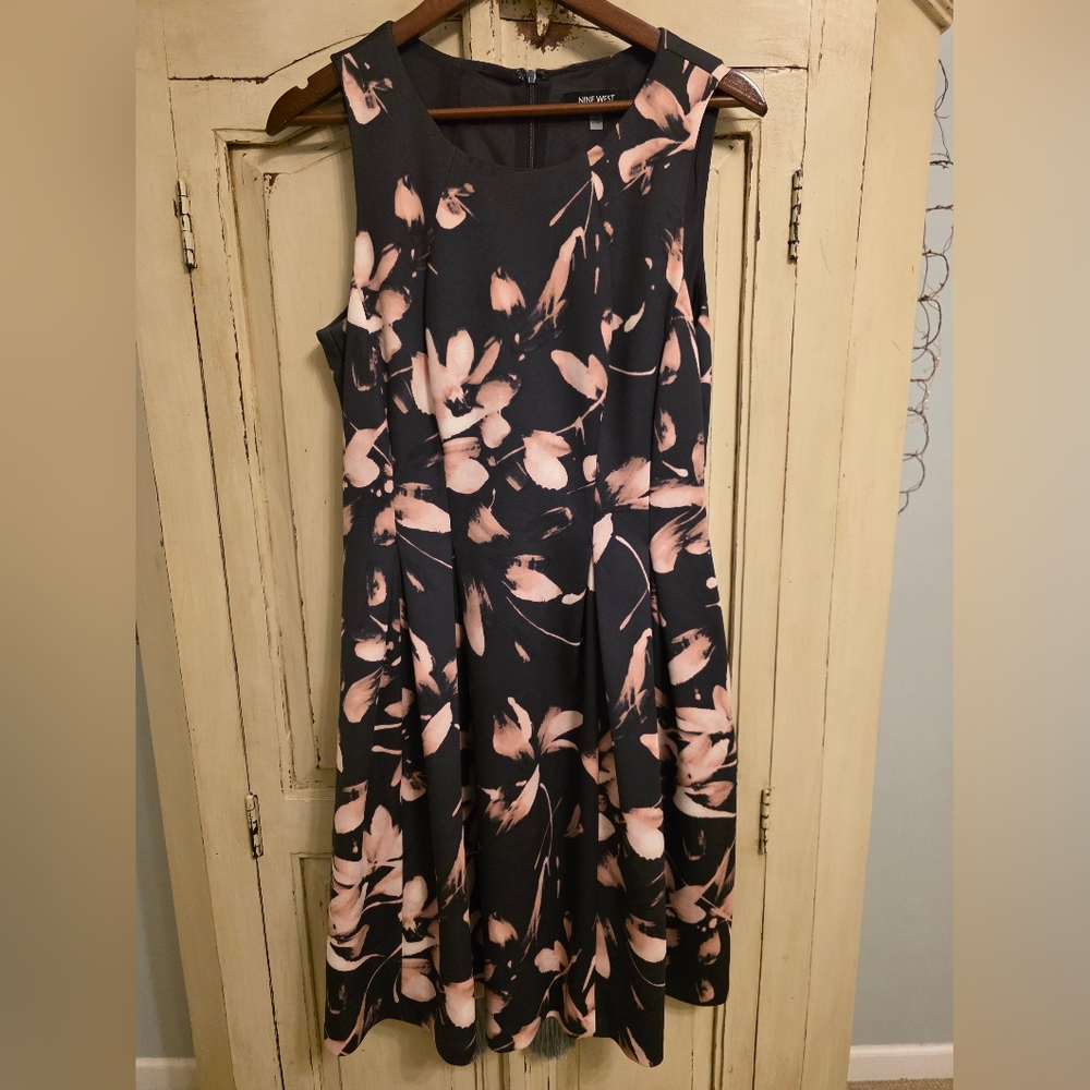 Nine West Pink and Black Floral Midi Dress